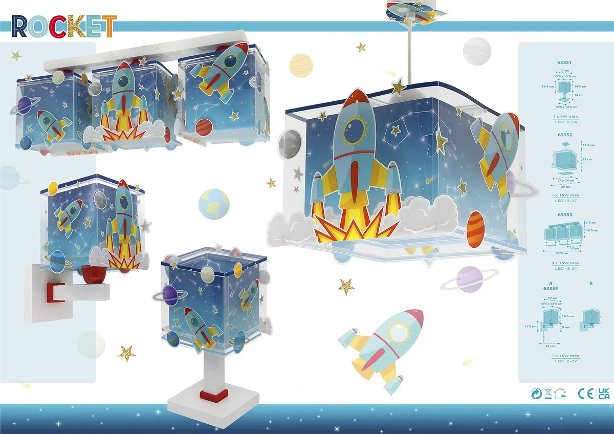 Dalber lampe de chevet enfant Rocket Fusée spatiale système solaire, 63351, E14