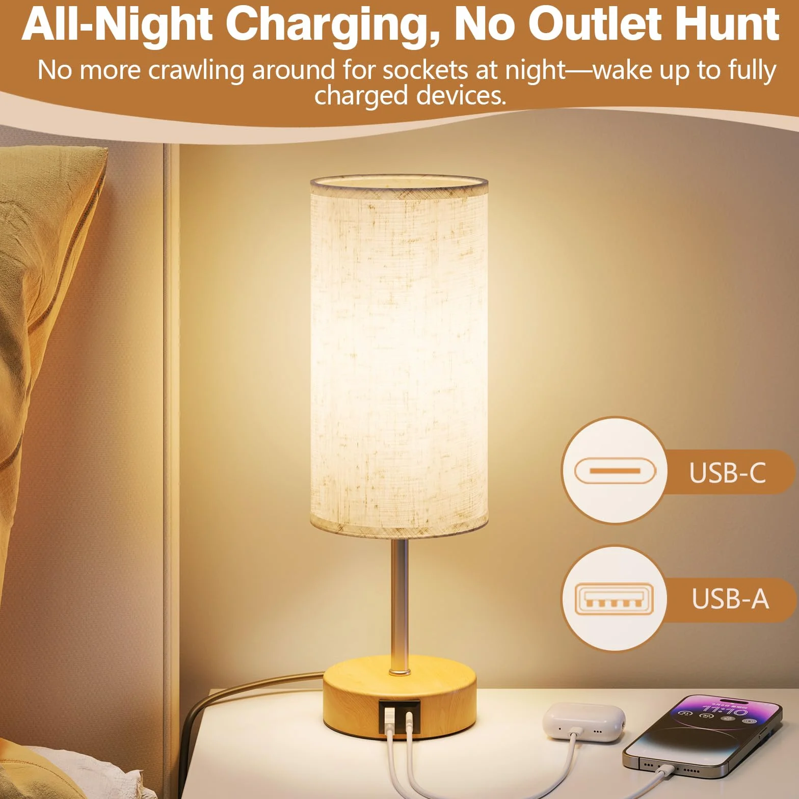 Lampe de Chevet Tactile avec Ports de Charge USB-A et USB-C, Lampe de Bureau, Variateur 3 Niveaux, Abat-Jour en Tissu de Lin, Petite Lampe de Table, avec Câble de 1,5 m (Ampoule E27 Incluse)