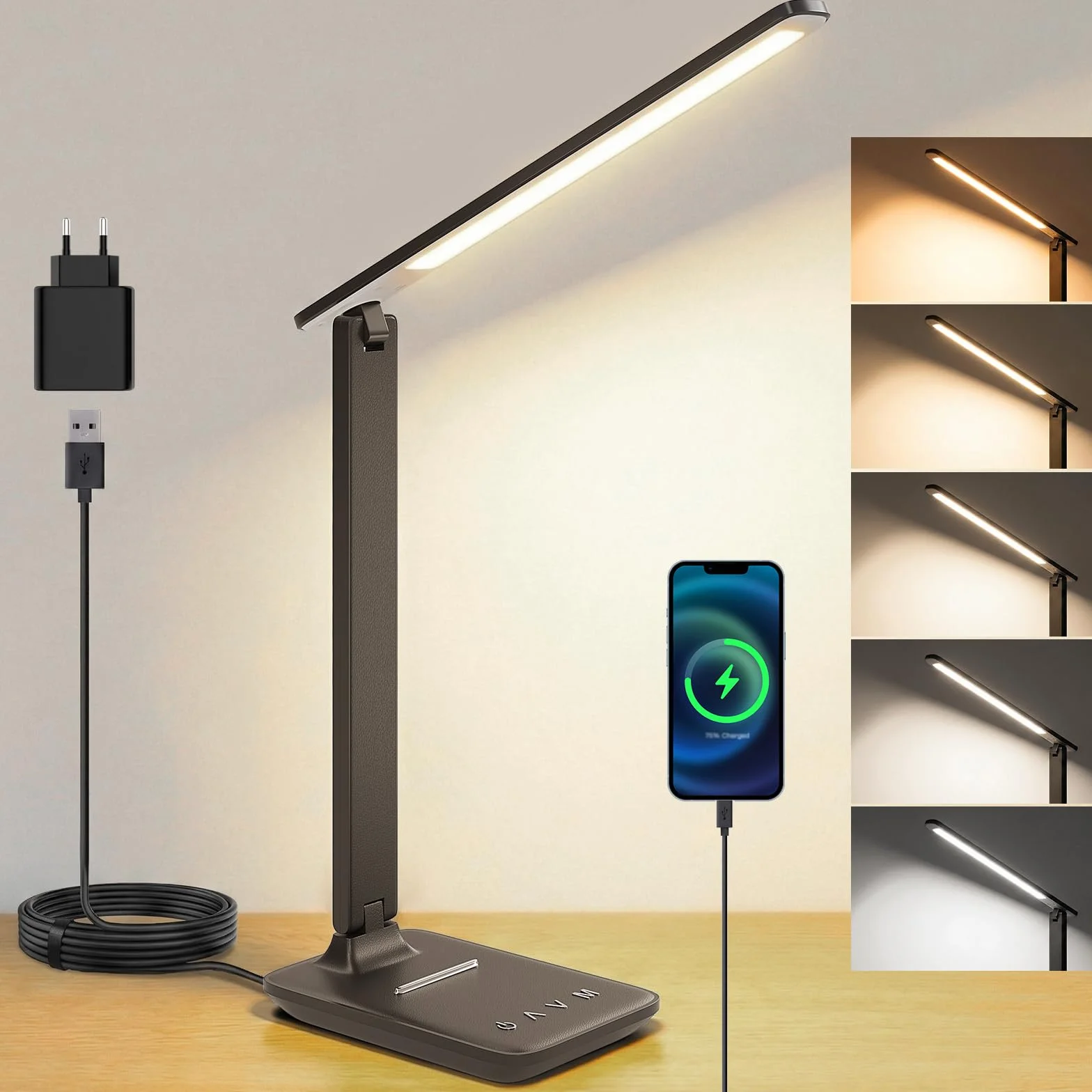 Lampe De Bureau LED, Lampe De Chevet Réglable Avec Lumière Confort Des Yeux Et Port De Charge USB-A, 5 Modes D’Éclairage Et 5 Niveaux De Luminosité, Lampe De Lecture Pliable Pour Chambre