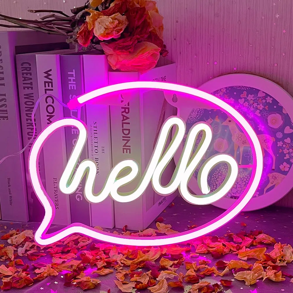 Enseigne au Néon,Hello Neon Lights LED Néons Chambre à Coucher Alimentée par USB ou Par Batterie Noël bar Fête Vacances Décoration Cadeau Bonjour Néon