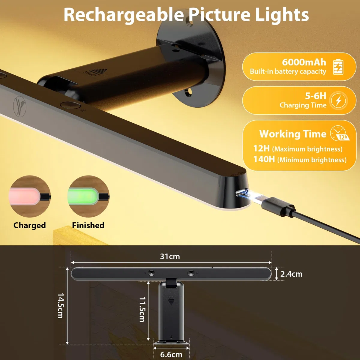 Applique Murale LED Rechargeable Sans Fil avec Télécommande - Lampe Éclairage pour Tableaux, Photos et Galerie d'Art - 3 Températures de Couleur, pour Salle de Bain, Vitrines ou Cible de Fléchettes