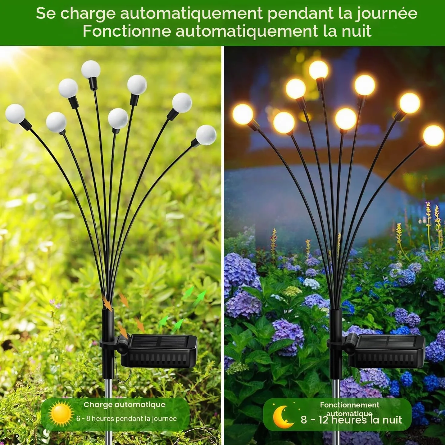 Kizozo Lot de 4 lampes solaires d'extérieur en forme de lucioles avec 8 LED, lampes solaires de jardin étanches IP65, lampes solaires pour extérieur, lampes solaires pour jardin, balcon, décoration de