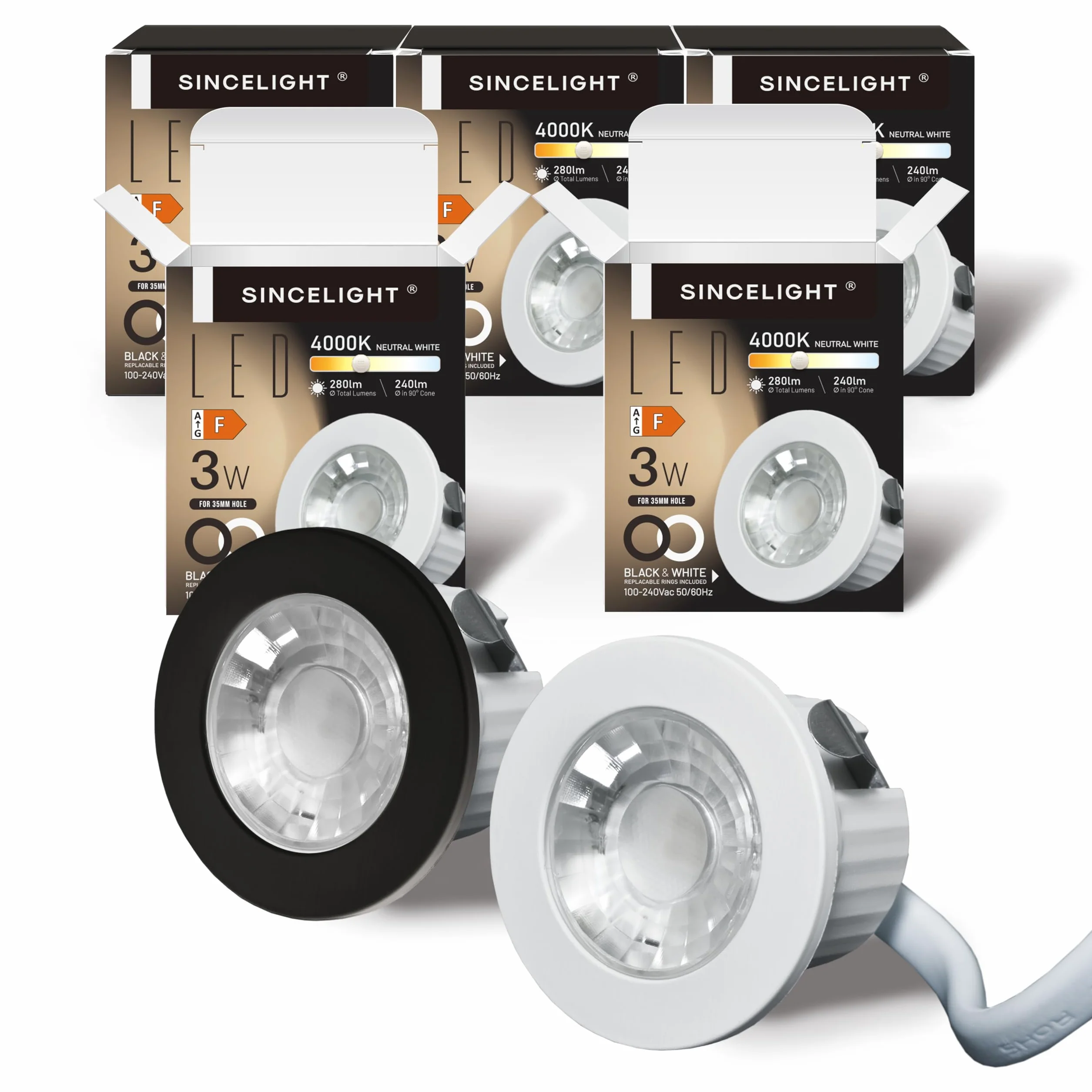 SINCELIGHT Mini Spot encastrable 3W, petit downlight à LED pour trou de 35-40mm, Anneau blanc/noir remplaçable, Blanc Neutre 4000K, Remplaçant MR11, étanche IP65 pour plafond/armoire/vitrine, 5 unités