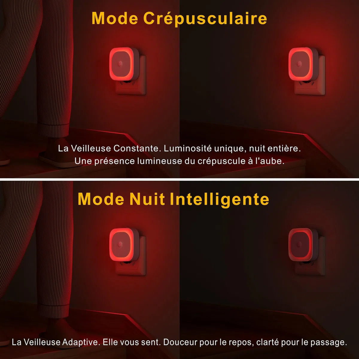 YUNLEX 2 Pcs Veilleuse Prise Électrique avec Détecteur de Mouvement, 3 modes de capteur, Luminosité réglable, pour les enfants, salle de bains, chambre à coucher, couloir, cuisine, Rouge