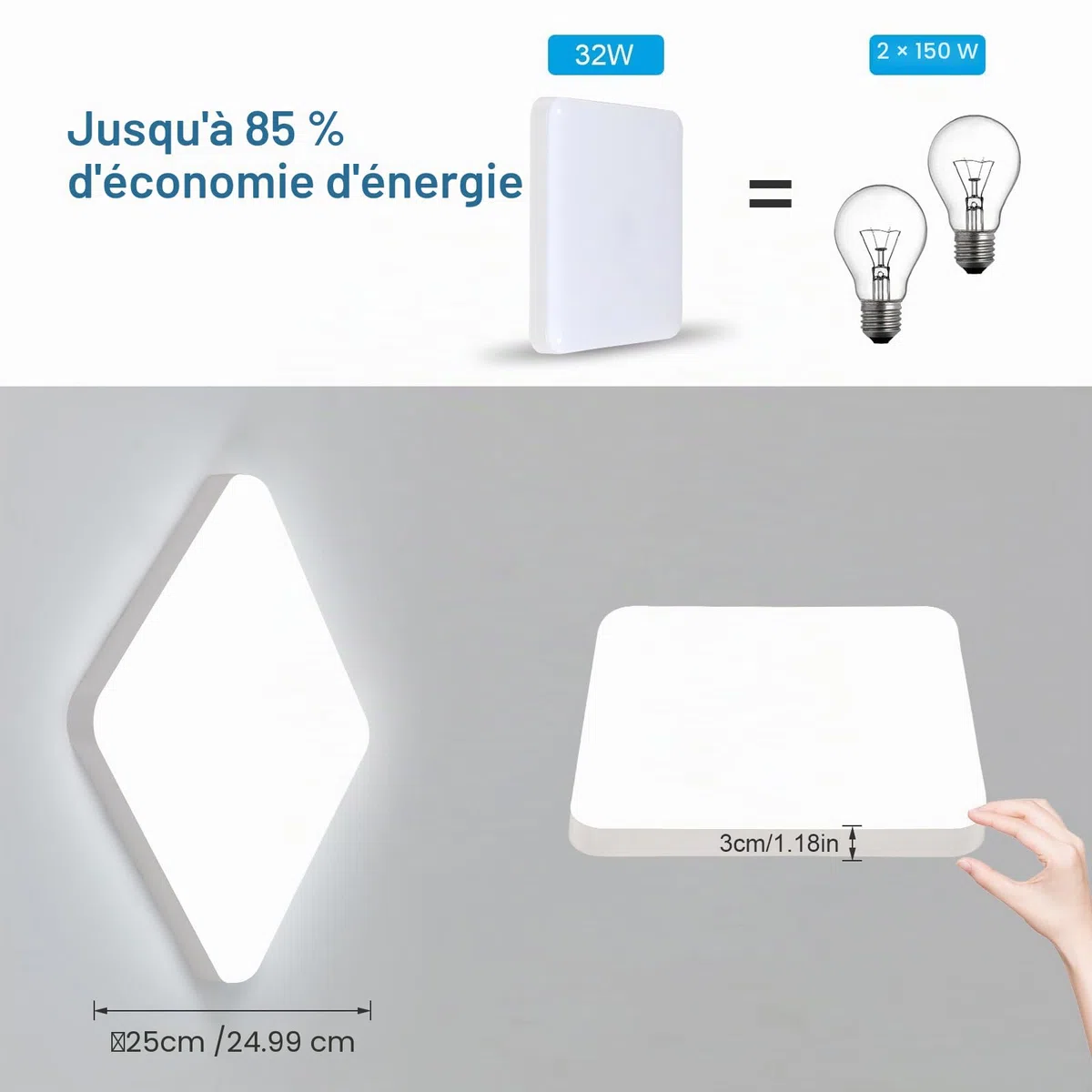 Comely LED Plafonnier 25 cm, 32W Blanc Froid, IP54 Étanche, Carré, Plafonnier LED Plat pour Salle de Bain, Cuisine, Balcon, Couloir, Chambre