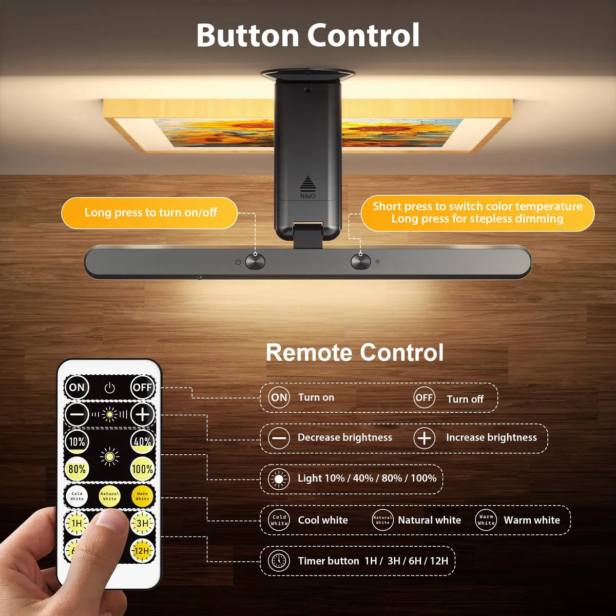 Applique Murale LED Rechargeable Sans Fil avec Télécommande - Lampe Éclairage pour Tableaux, Photos et Galerie d'Art - 3 Températures de Couleur, pour Salle de Bain, Vitrines ou Cible de Fléchettes