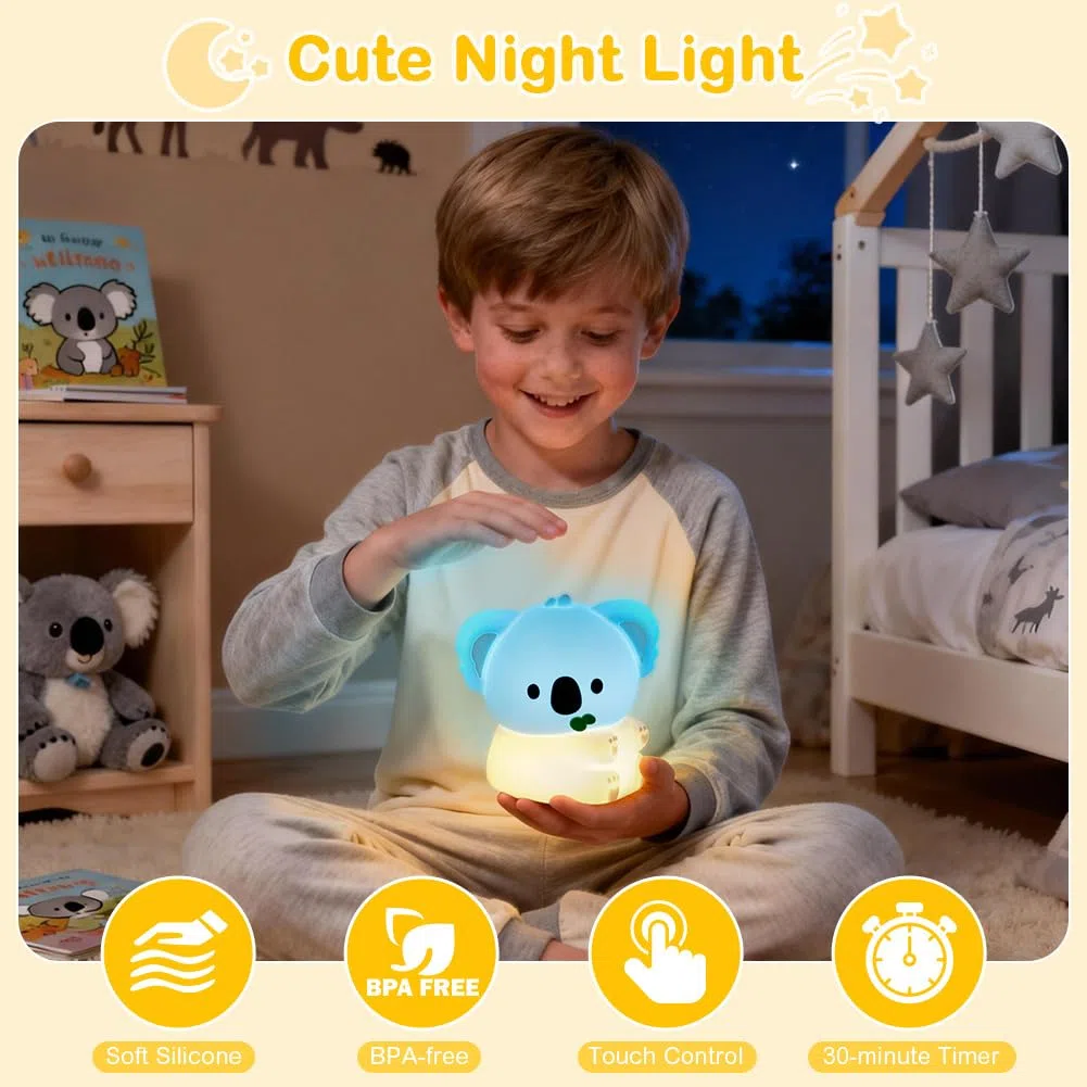 AUAUY Veilleuse Koala, Rechargeable USB Veilleuse Tactile en Silicone, 3 Niveaux Réglables Chaude & 7 Couleurs Minuterie Lampe de Chevet Kawaii, pour Salon, Déco de Table, Cadeau