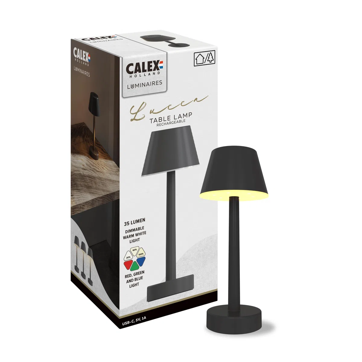 CALEX Lampe de Table Lucca Rechargeable, Sans Fil, RGB/Blanc Chaud, IP54, Tactile, Batterie, Déco Jardin/Salon, Noir