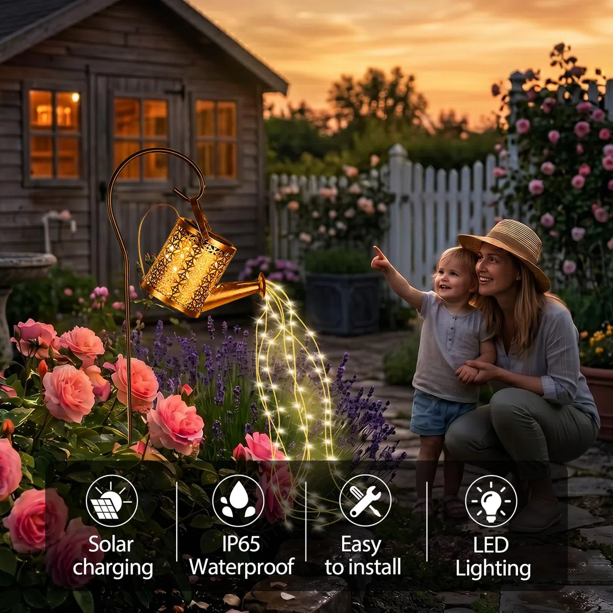 Tremdwoto Arrosoir solaire pour jardin, 90 LED, éclairage extérieur IP65, grande guirlande lumineuse rétro en métal avec support pour terrasse, cour, allée