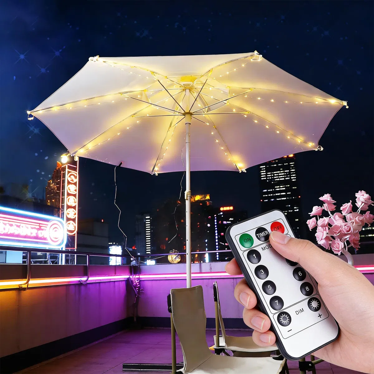 Lampes pour Parasol, 104 LEDs Lumières de Parasol avec 8 Modes Eclairage LED Télécommande, Lampe Parasol de Patio, Bandes Lumineuses Décoratives, pour Camping Tentes Jardin Terrasse