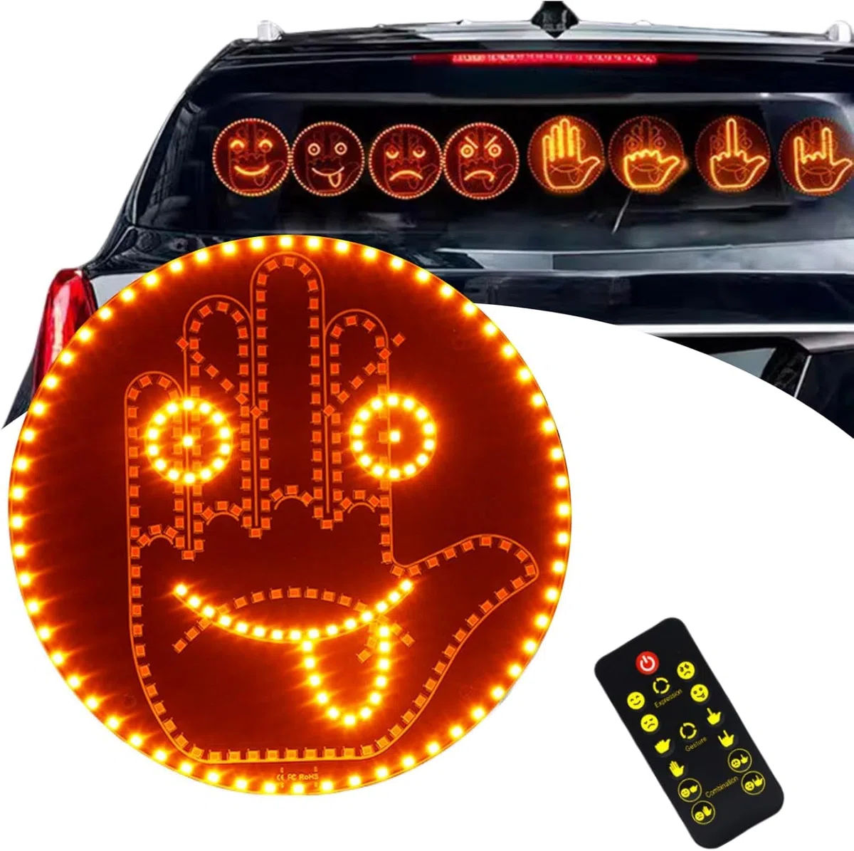 Lumière de doigt de voiture et signe d'expression pour s'exprimer, signe de geste de la main, 2 en 1, lampe visage souriant avec télécommande