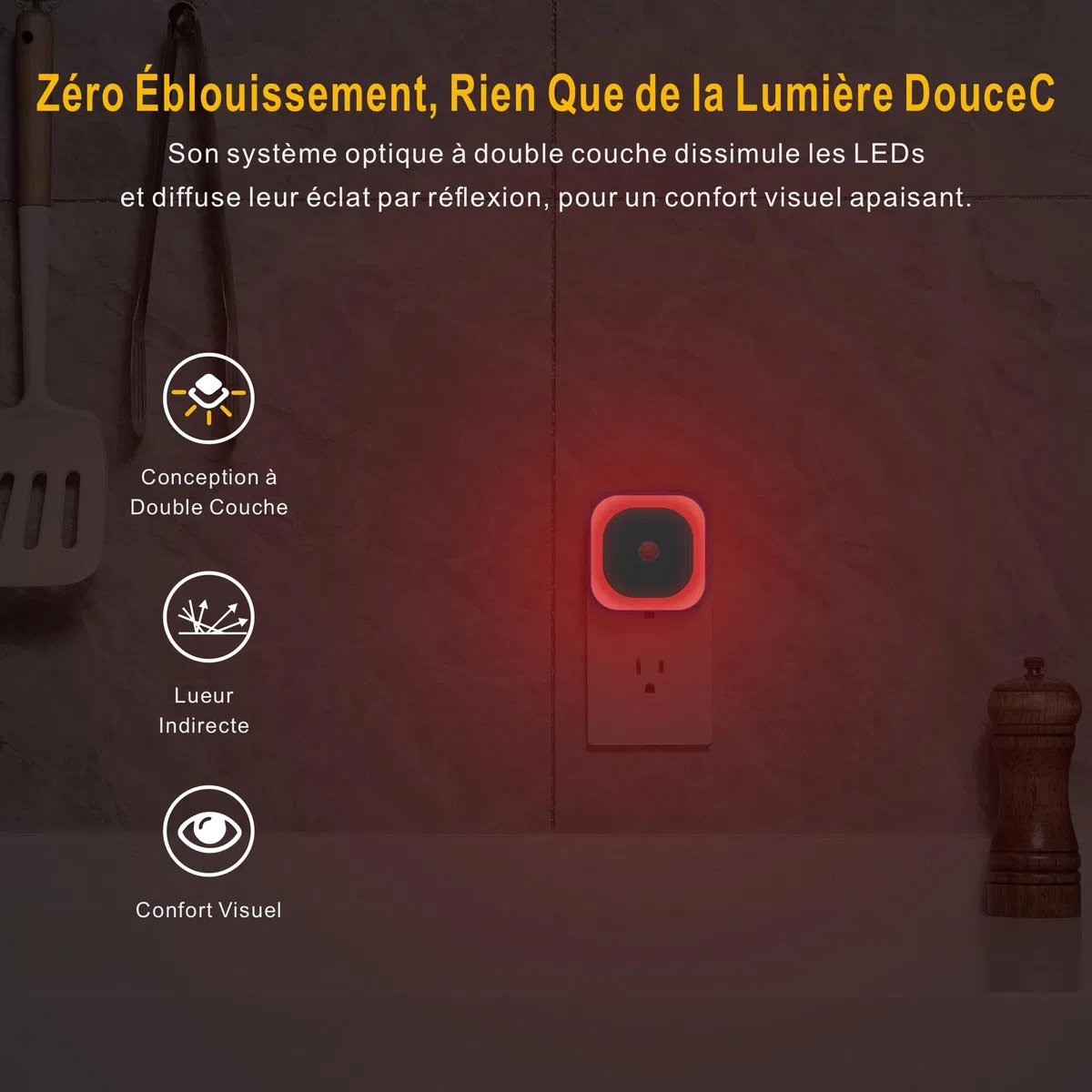 YUNLEX 2 Pcs Veilleuse Prise Électrique avec Détecteur de Mouvement, 3 modes de capteur, Luminosité réglable, pour les enfants, salle de bains, chambre à coucher, couloir, cuisine, Rouge