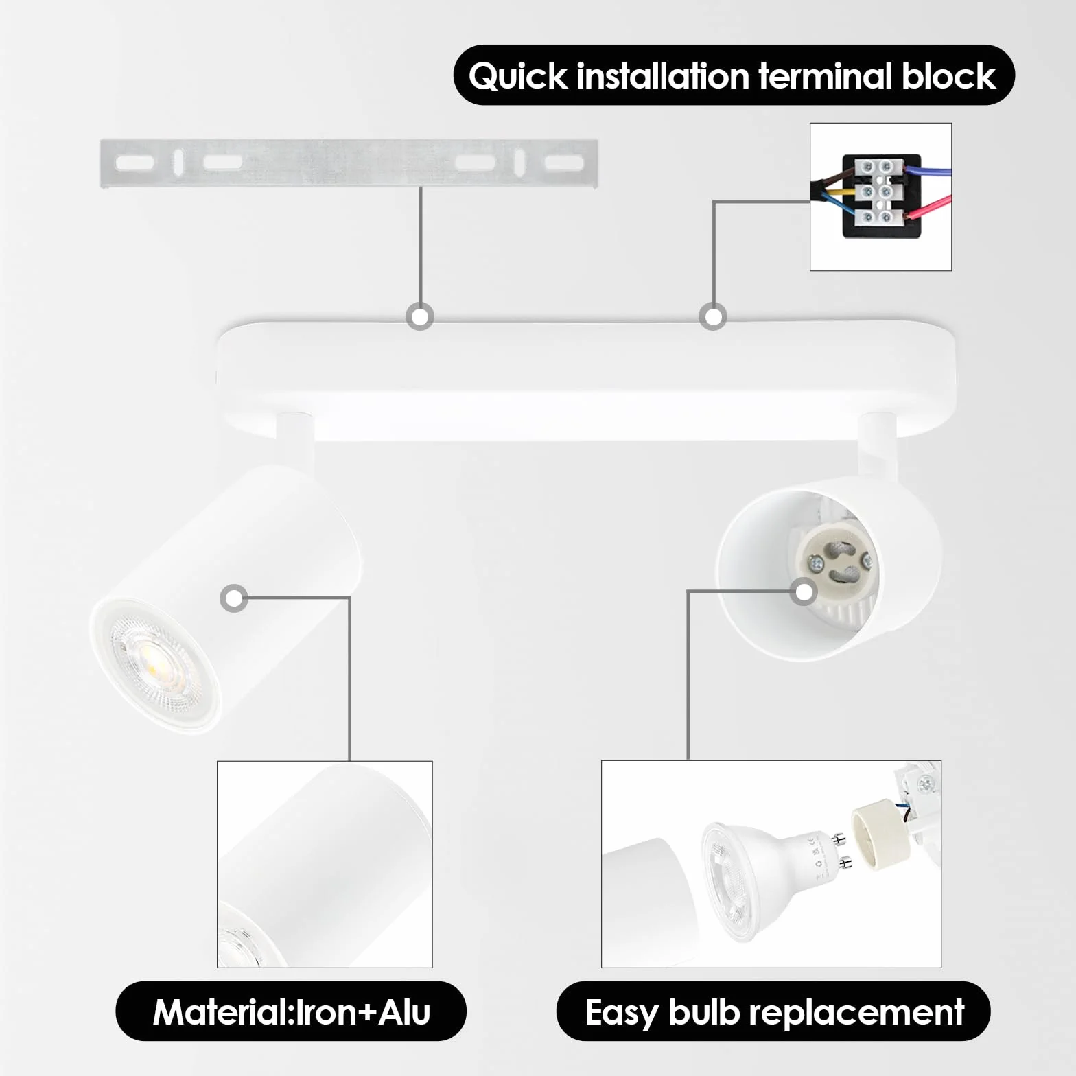 KYOTECH Plafonnier LED GU10 2 Spots Orientables Spot Plafond GU10 Applique Plafond Interieur Pivotants Applique murale LED Blanc,livré sans ampoules