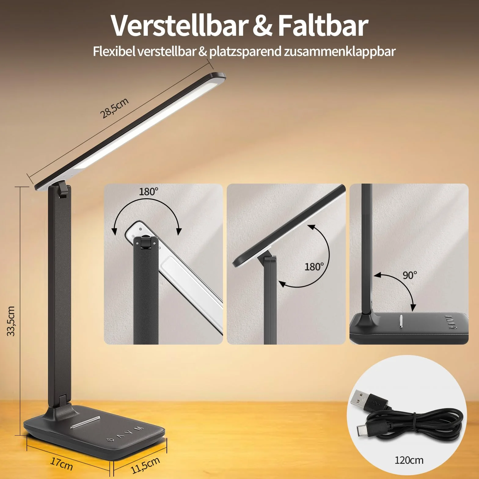 Lampe De Bureau LED, Lampe De Chevet Réglable Avec Lumière Confort Des Yeux Et Port De Charge USB-A, 5 Modes D’Éclairage Et 5 Niveaux De Luminosité, Lampe De Lecture Pliable Pour Chambre