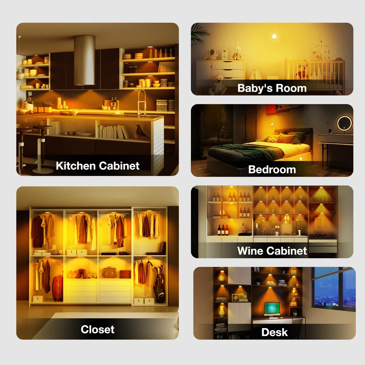Lot de 3 lampes rondes avec télécommande, 1 000 mAh rechargeables, pour dessous d'armoire, lampes LED de placard, lumières à coller sans fil pour dessous d'armoire,couloir, escalier 6pcs