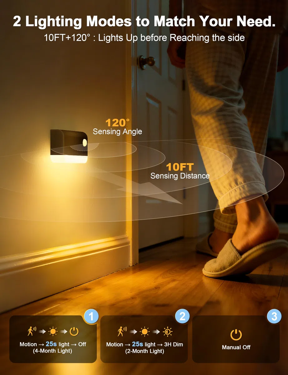 VOLISUN Veilleuse Détecteur de Mouvement, Lot de 3 Lampe Detecteur de Mouvement Interieur avec 2 Mode lumière et 1200mAh Batterie, Lampe Veilleuse pour Escalier, Couloir, Chambre, Armoire (Noir)