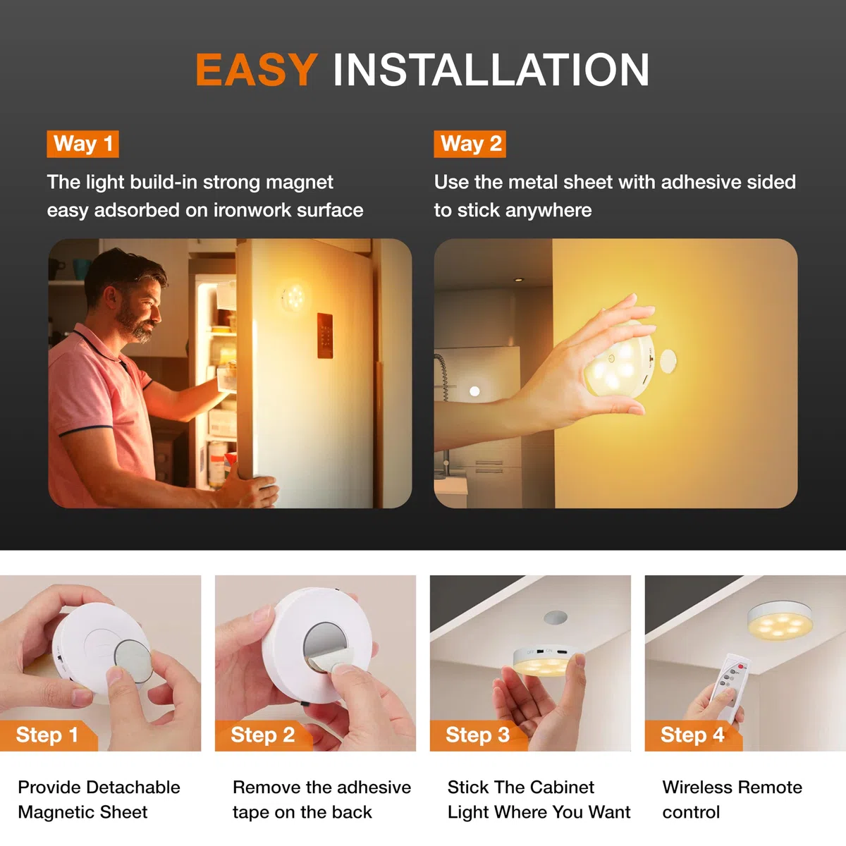 Lot de 3 lampes rondes avec télécommande, 1 000 mAh rechargeables, pour dessous d'armoire, lampes LED de placard, lumières à coller sans fil pour dessous d'armoire,couloir, escalier 6pcs