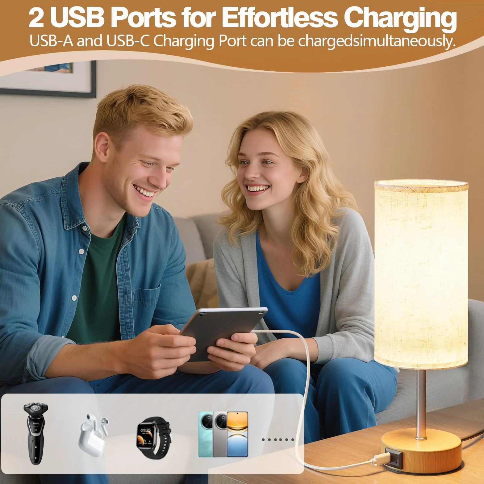 Lampe de Chevet Tactile avec Ports de Charge USB-A et USB-C, Lampe de Bureau, Variateur 3 Niveaux, Abat-Jour en Tissu de Lin, Petite Lampe de Table, avec Câble de 1,5 m (Ampoule E27 Incluse)