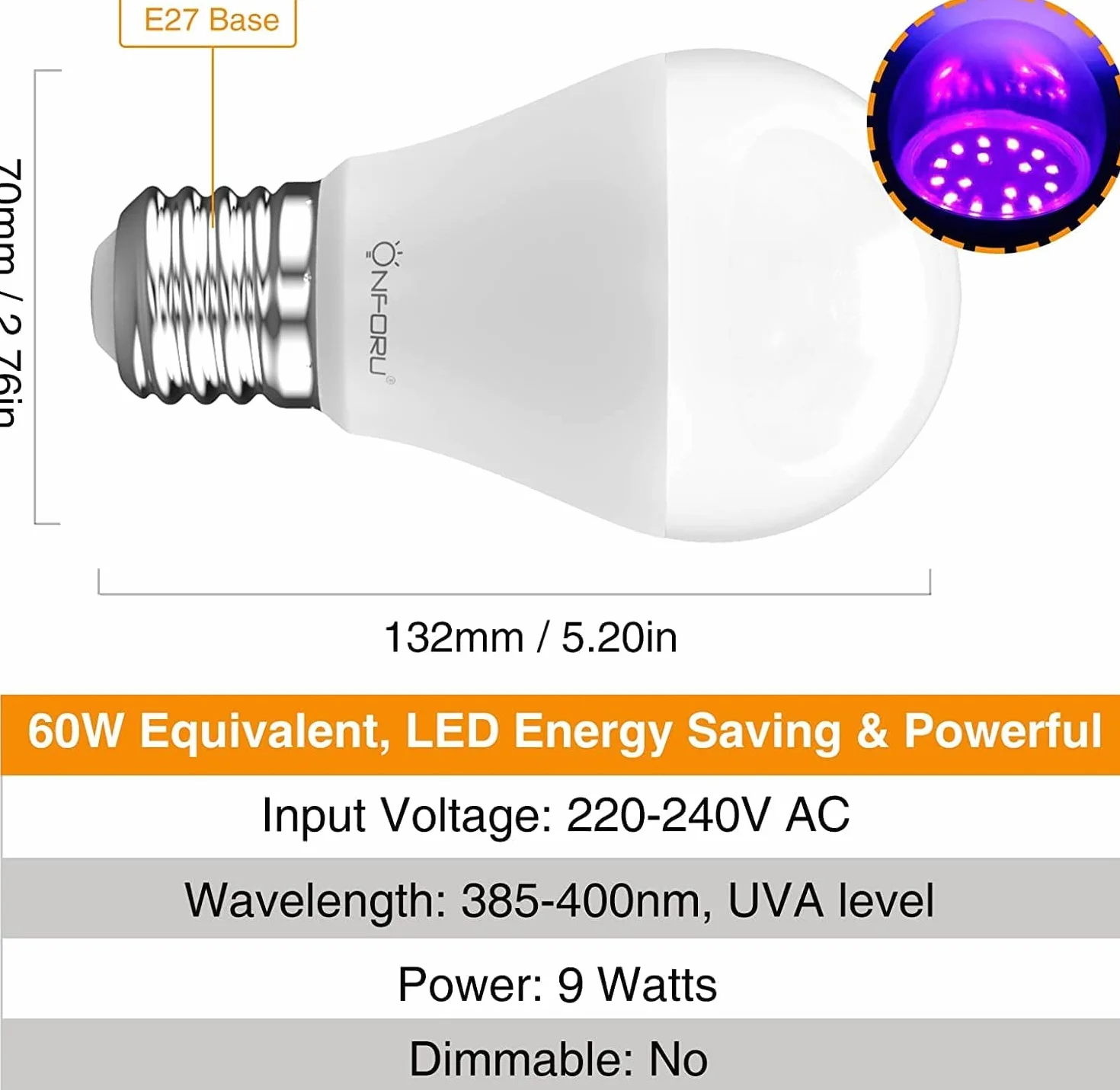 Onforu Lot de 2 Ampoule LED UV, E27 Ampoules Lumière Noire Lampe, 220-240 V Lampe LED Ultraviolet, UV-A Lampe de Ultraviolet Violette, Eclairage Décoratif pour Halloween Noël Bar Fête Peinture Fluo
