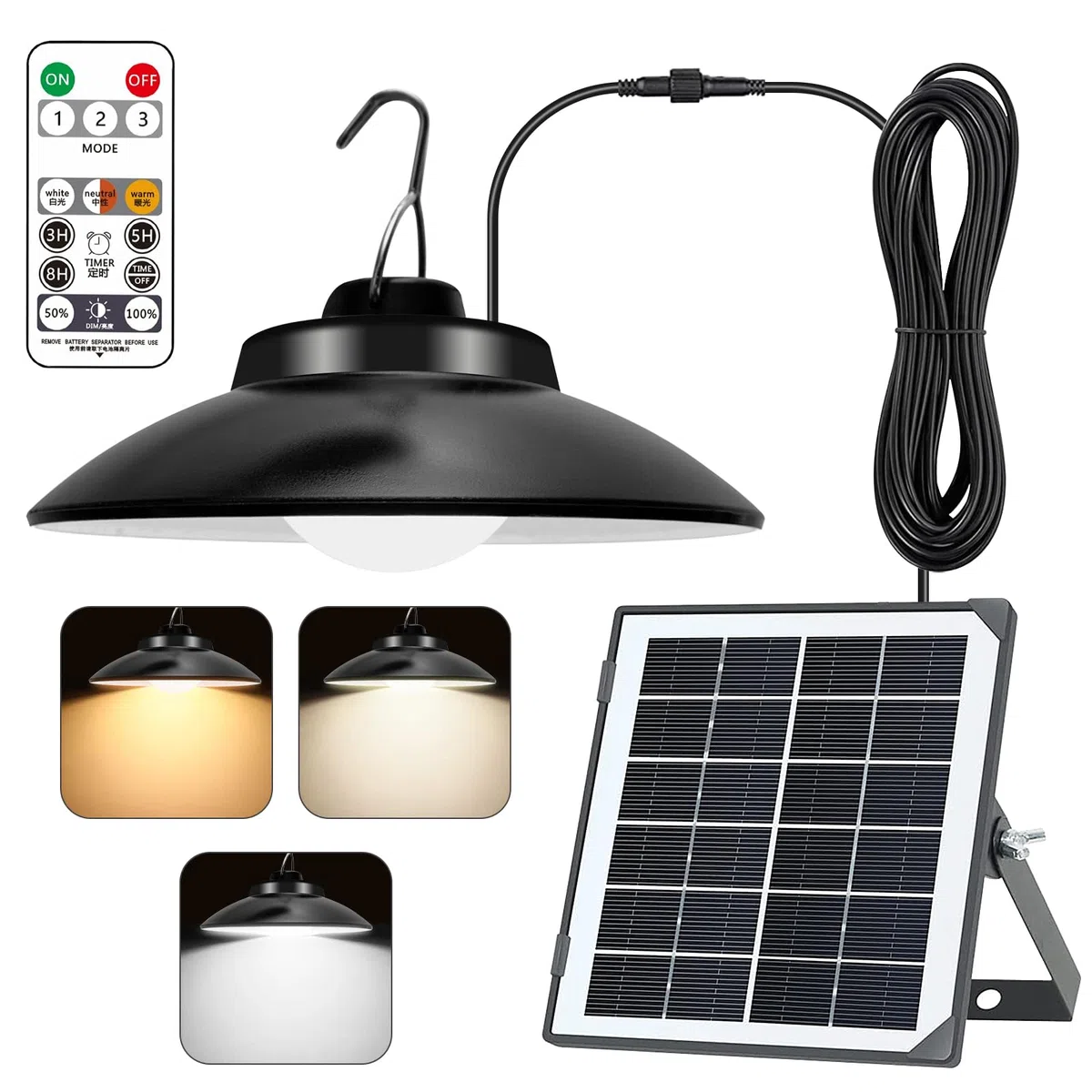 Lampe Solaire Interieur Extérieur, Lampes Solaire Suspendues avec Télécommande, 3 Températures de Couleur, Lampes Solaires, Lampe LED Extérieure à Suspendre pour Jardin Pergola Garage Balcon Terrasse