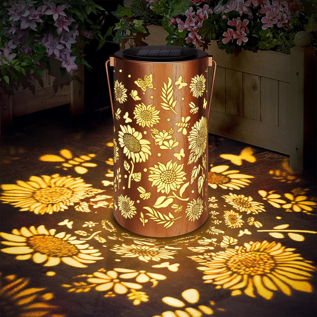 Lanterne Solaire Exterieur, Lampe Décorative Jardin Suspendue Tournesol, IP65 Étanche, Lampe Solaire Rétro LED en Métal Pour Balcon, Patio, Bureau, Pelouse, Camping, Blanc Chaud, 1 Pièce