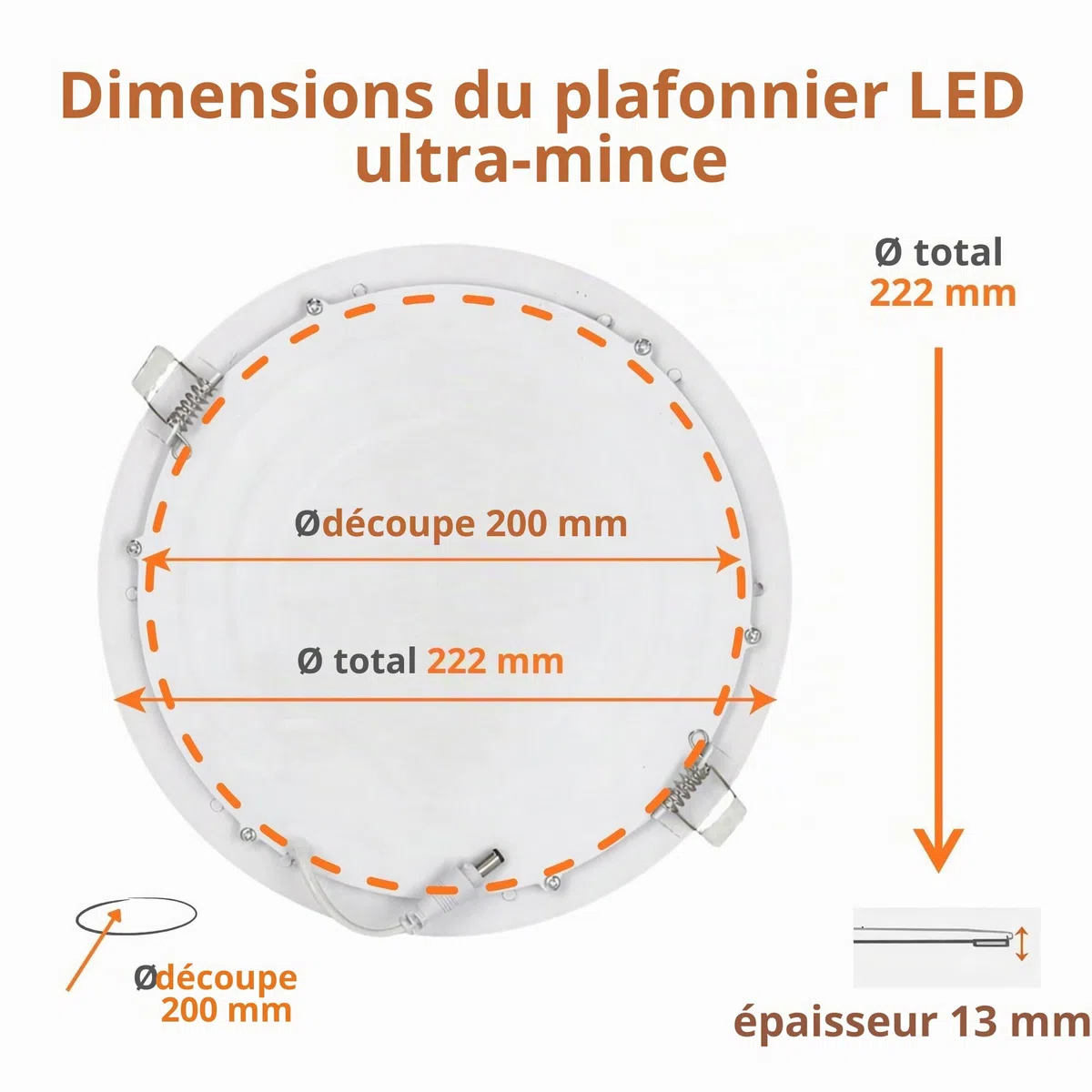 JANDEI – Lot de 2 Spots Led encastrables ronds, 18 W, 1500 lumens, extra-plats 13 mm, trou de fixation Ø 200-205 mm, blanc froid 6000 K, avec transformateurs inclus