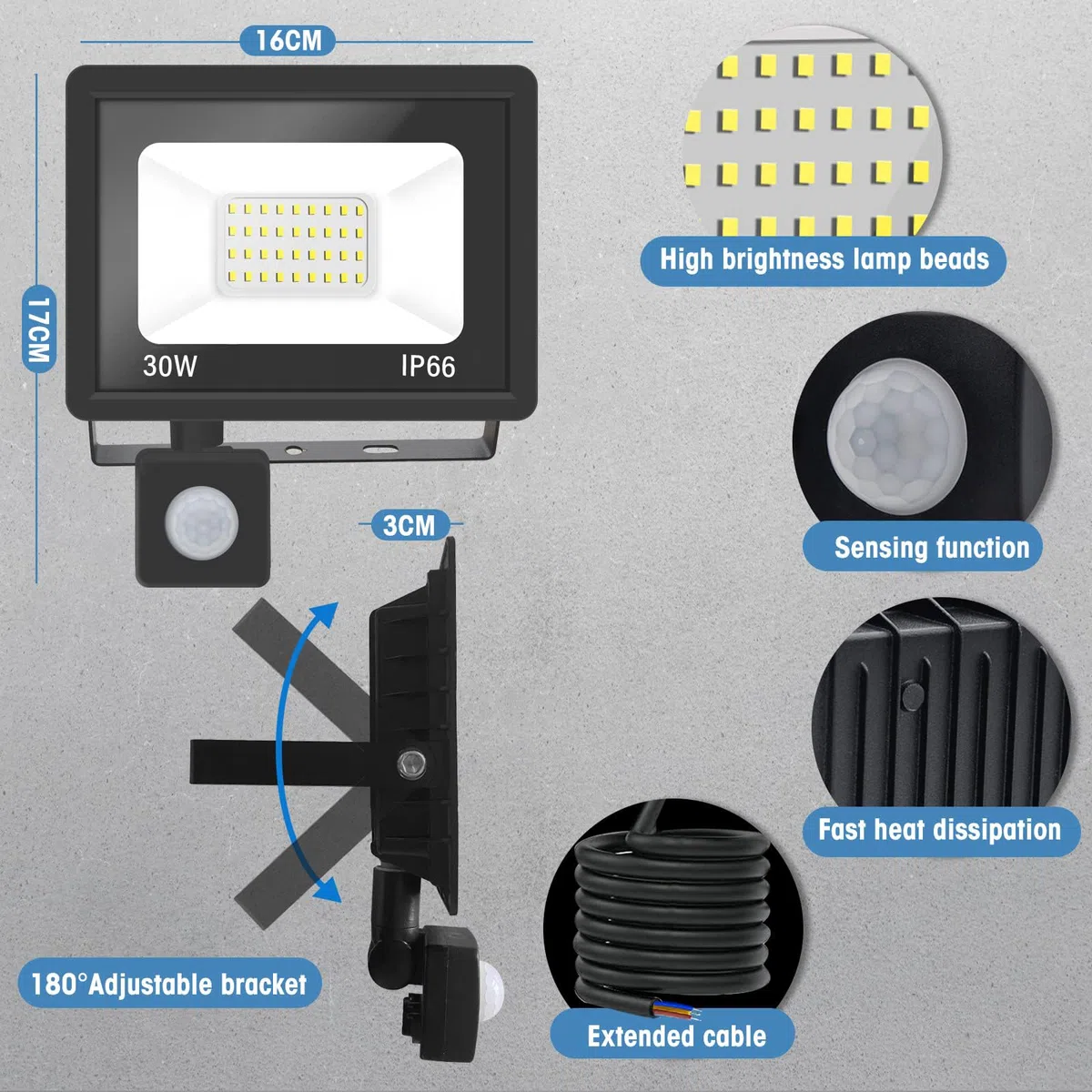 1PACK - Projecteur LED détecteur de mouvement 30W,3000LM Projecteur LED Exterieur Avec Detecteur Blanc Chaud(3000K) Imperméable IP66 Projecteur LED exterieur de sécurité pour, garage, couloir