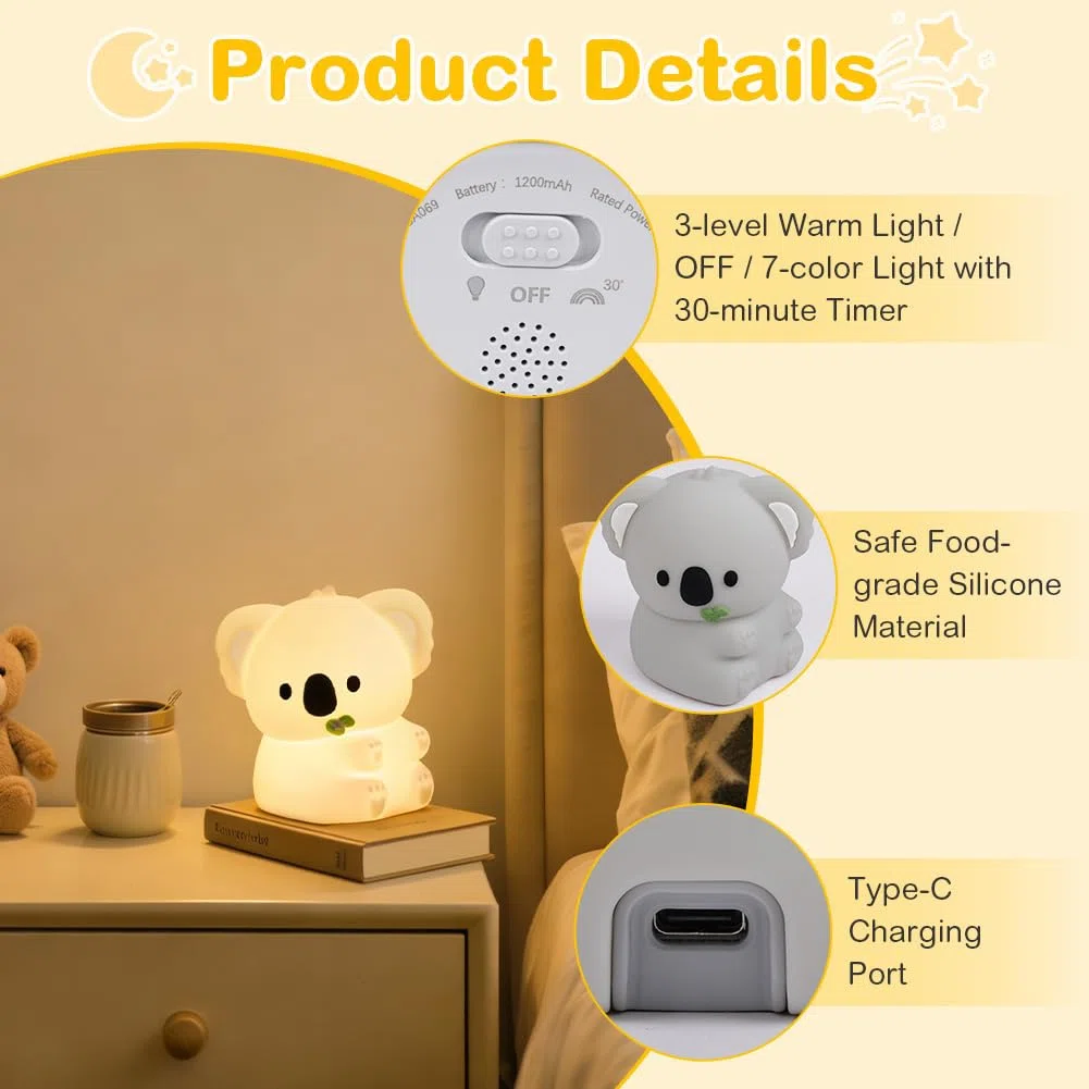 AUAUY Veilleuse Koala, Rechargeable USB Veilleuse Tactile en Silicone, 3 Niveaux Réglables Chaude & 7 Couleurs Minuterie Lampe de Chevet Kawaii, pour Salon, Déco de Table, Cadeau