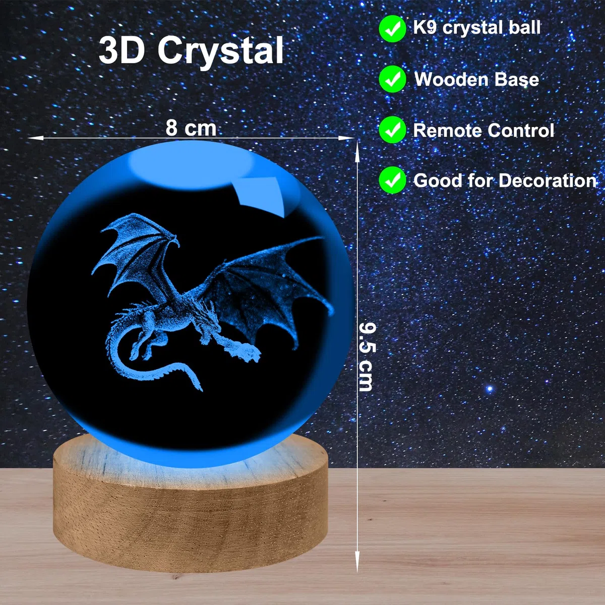 Veilleuse dragon 3D, modèle en cristal K9, boule de cristal avec dragon gravé en 3D et base lumineuse LED, cadeau pour les enfants, les couples, les anniversaires et les fêtes