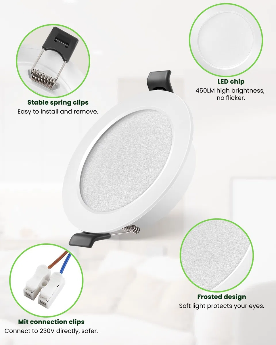 Spot LED Encastrable Extra Plat Blanc Froid 6000K, 5W IP44 Spots de Plafond Encastre Pour Salle de Bain, Cuisine, Salon - Trou Ø68-80mm, Lot de 6