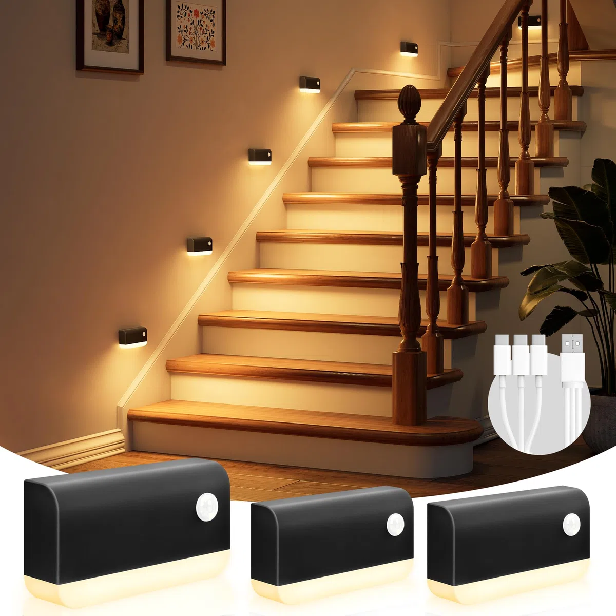VOLISUN Veilleuse Détecteur de Mouvement, Lot de 3 Lampe Detecteur de Mouvement Interieur avec 2 Mode lumière et 1200mAh Batterie, Lampe Veilleuse pour Escalier, Couloir, Chambre, Armoire (Noir)