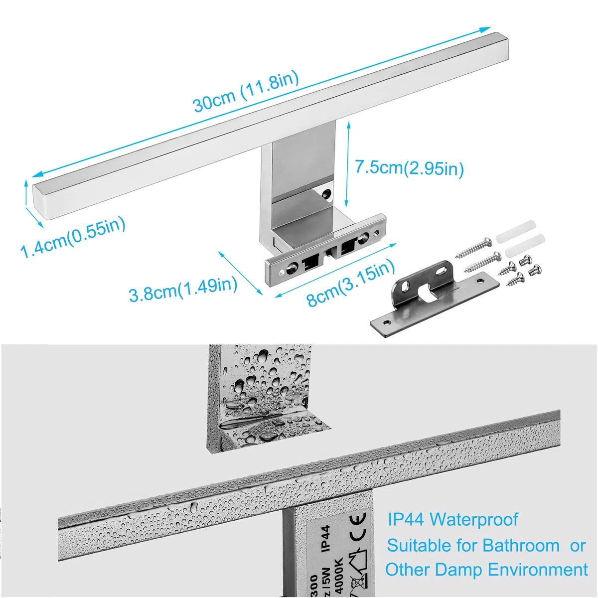 Lampe Miroir Salle de Bain 5W 400LM 30cm 230V 4000K, en Acier Inoxydable 3 en 1 Miroir Lumineux Led,Non Scintillement,Pince sur Miroir, Armoire,Mur Lampe LED 300mm