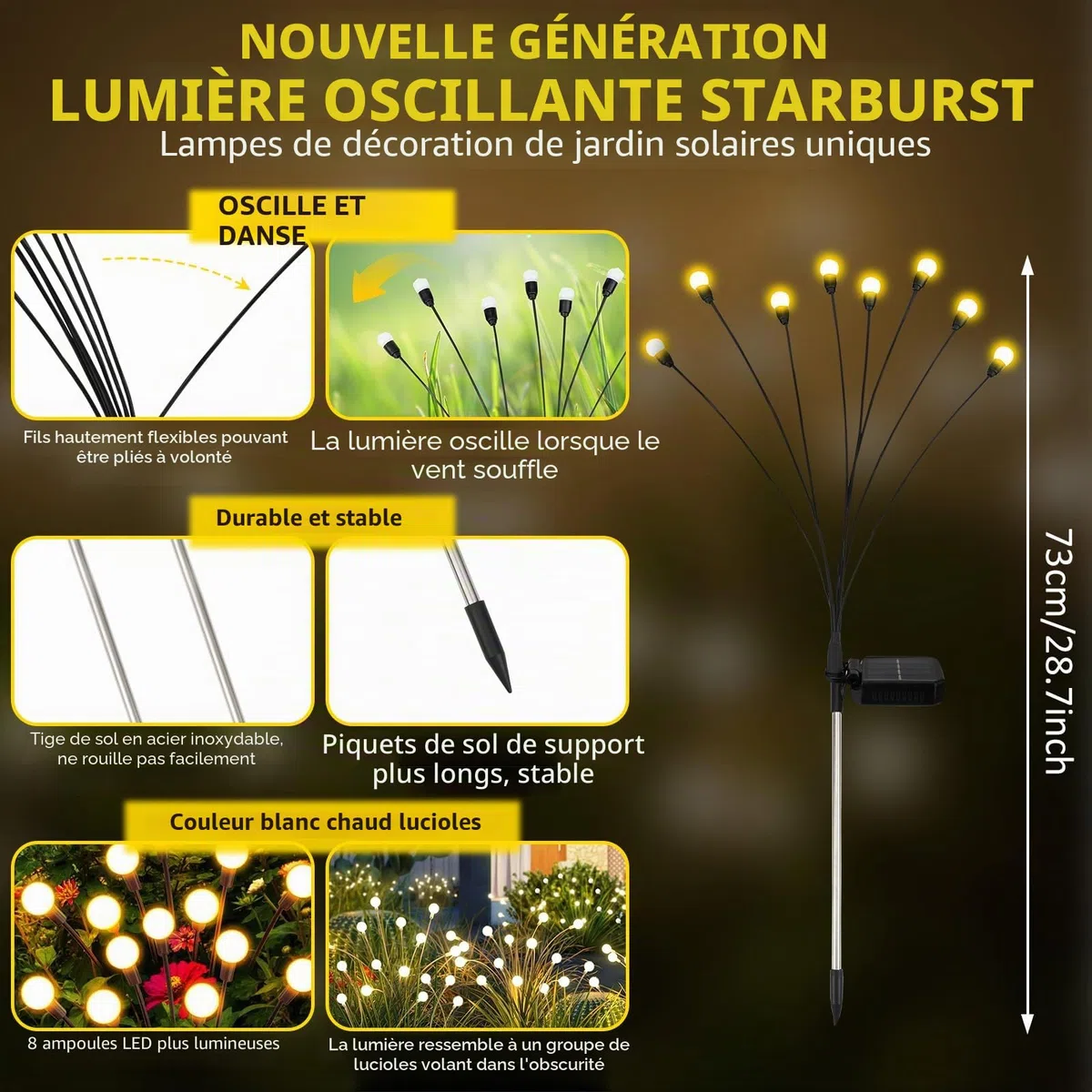 Lampe Solaire Exterieur Jardin, 4 Pièces 8LED Lumiere Solaire Exterieur Conception Améliorée, Hauteur Réglable, Plusieurs Modes Disponibles IP65 Étanche, pour Patios Terrasses Jardin Pelouse Terrasse