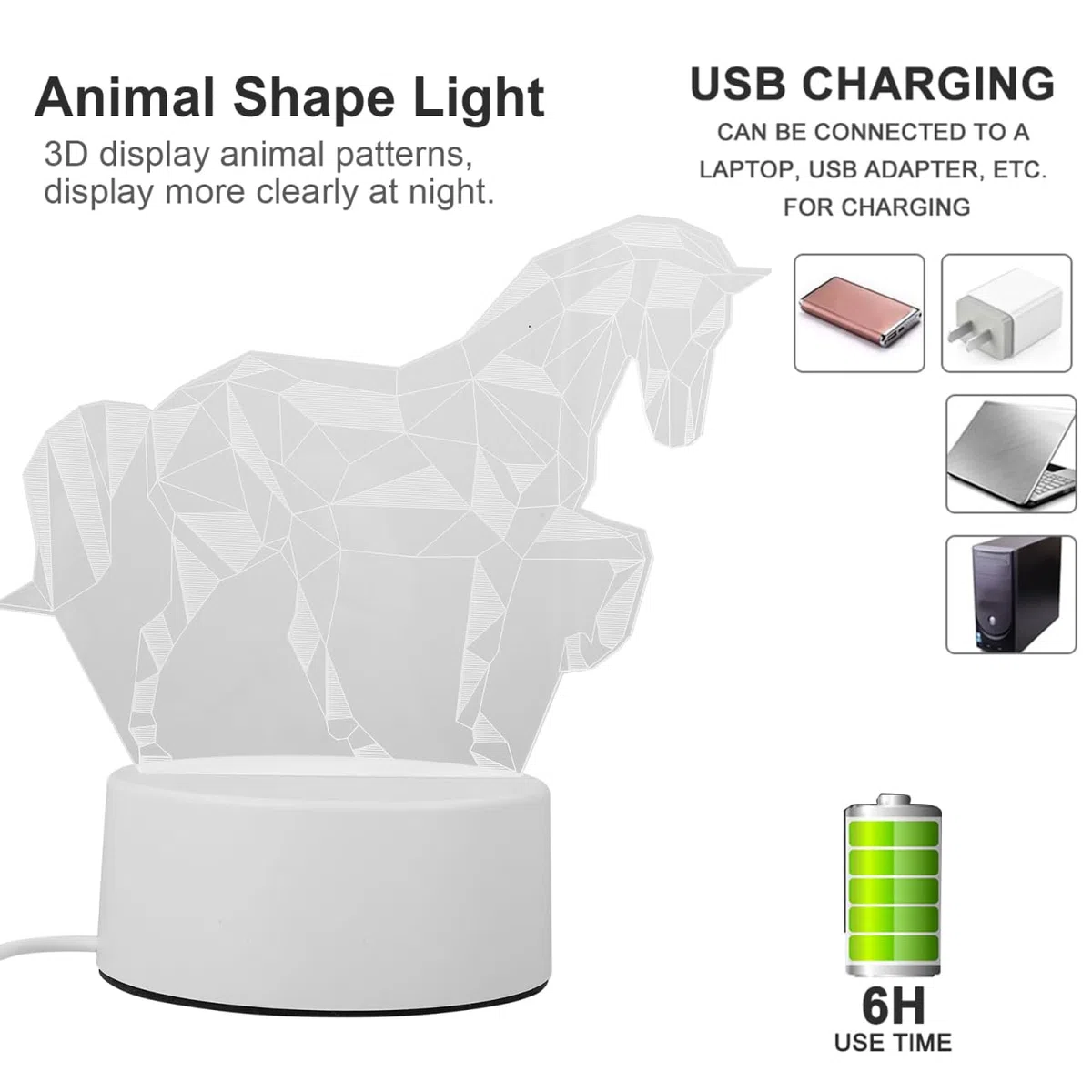 TOYANDONA Animal Nuit Lumière 3D Cheval Illusion Lampe USB Alimenté LED Signes Décoration pour Chambre Salon Bureau Lampe de Bureau Acrylique