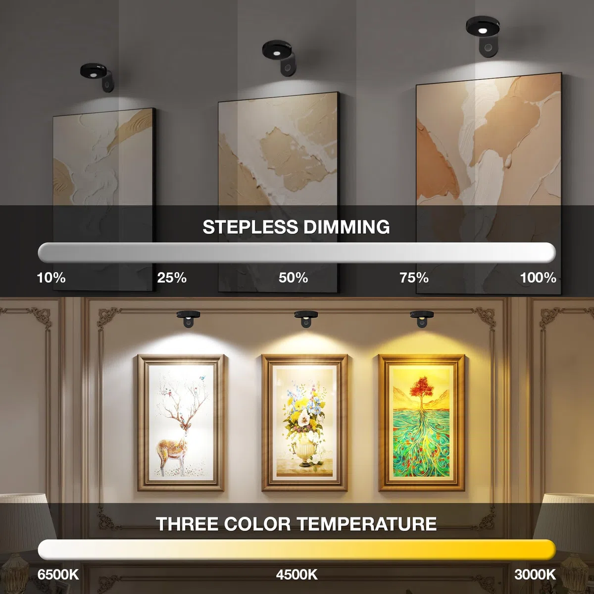 Lot de 4 lampes murales, sans fil, rechargeables, 2000 mAh, avec intensité variable et 3 CCT, avec télécommande, éclairage artistique pour peinture, comptoir, étagère, noir