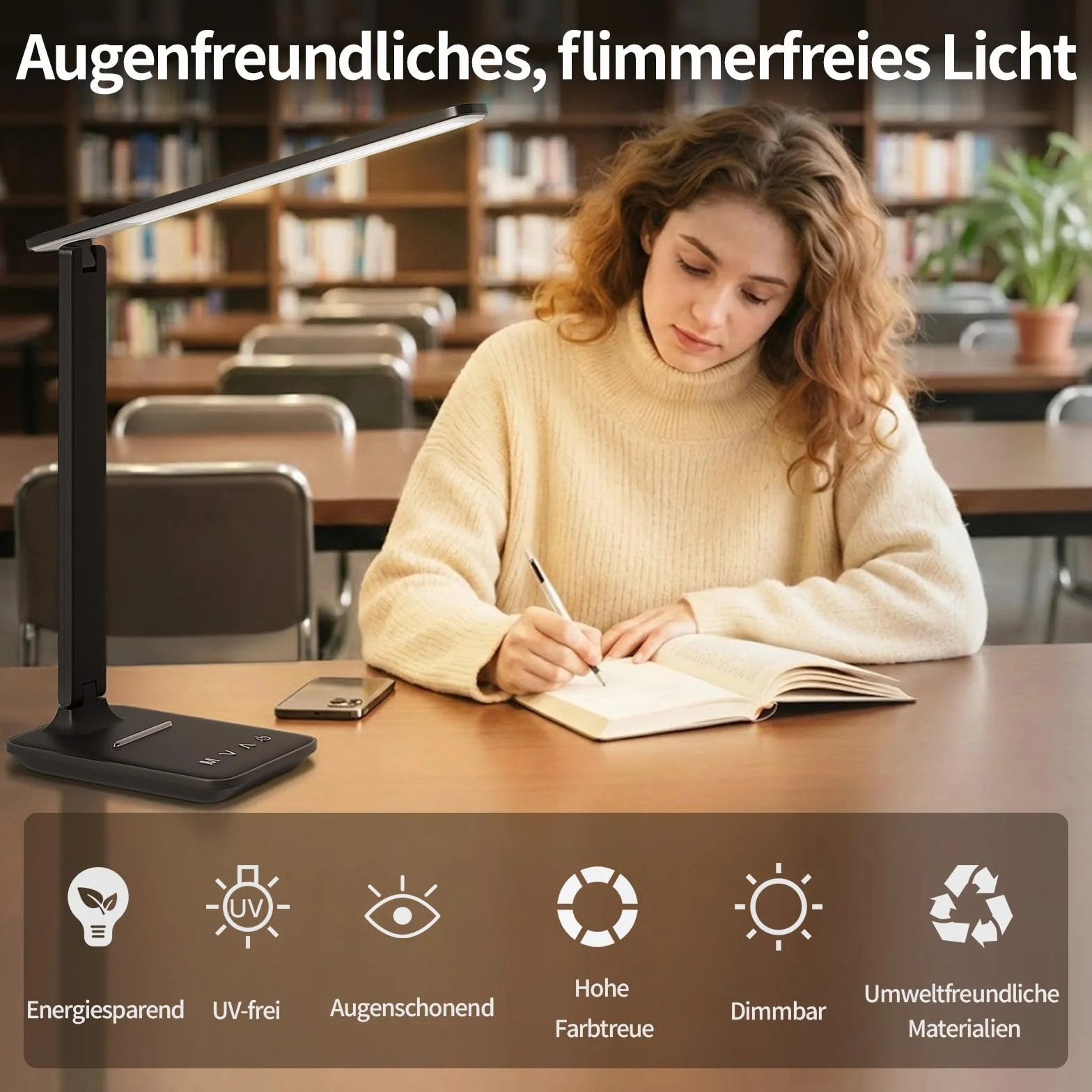 Lampe De Bureau LED, Lampe De Chevet Réglable Avec Lumière Confort Des Yeux Et Port De Charge USB-A, 5 Modes D’Éclairage Et 5 Niveaux De Luminosité, Lampe De Lecture Pliable Pour Chambre