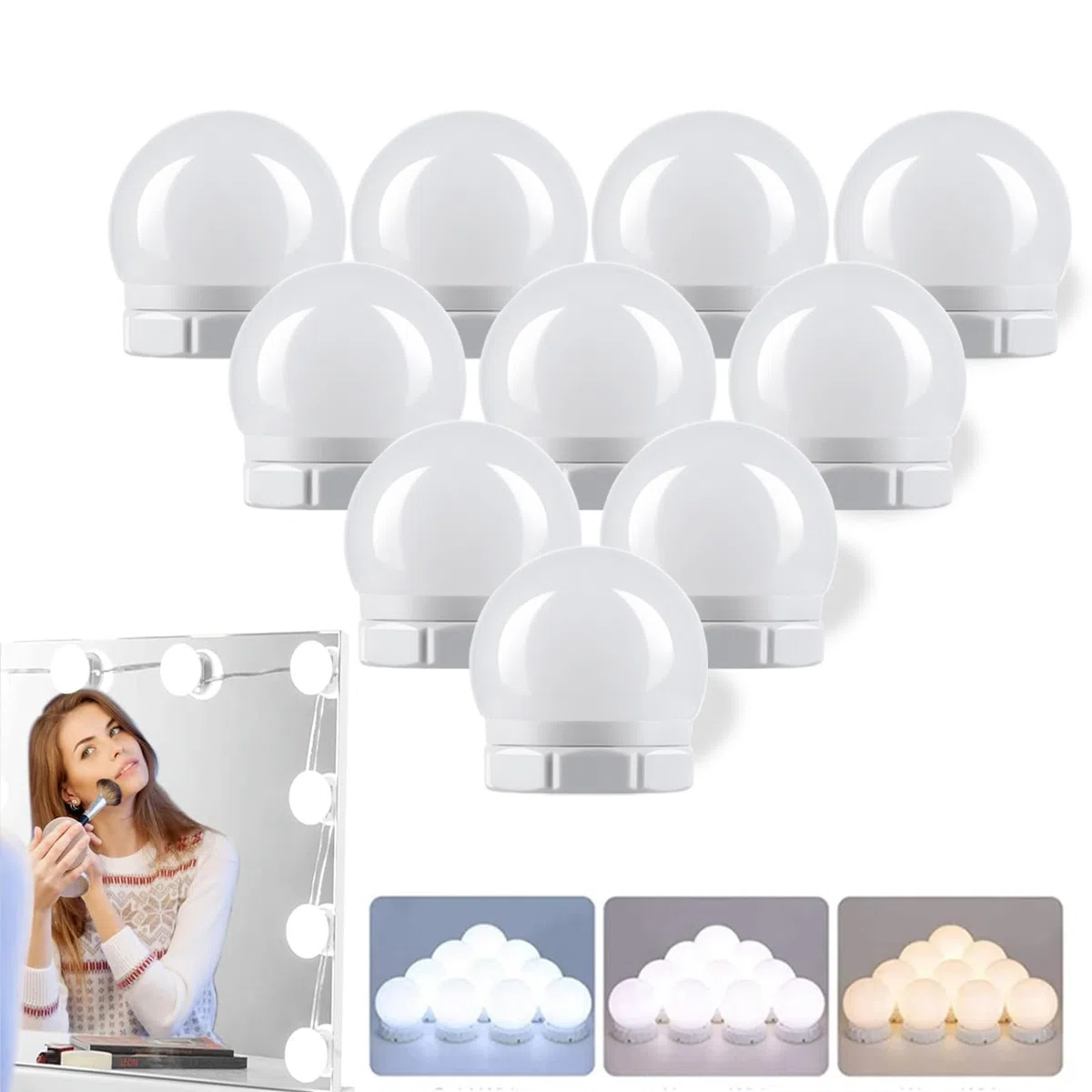 Laspi Lumière de Miroir, Lumiere Coiffeuse, 10 Ampoules Hollywood Kit pour Coiffeuse de Dimmable et 3 Couleurs,Cadeau Fete des Meres/Cadeau Femme
