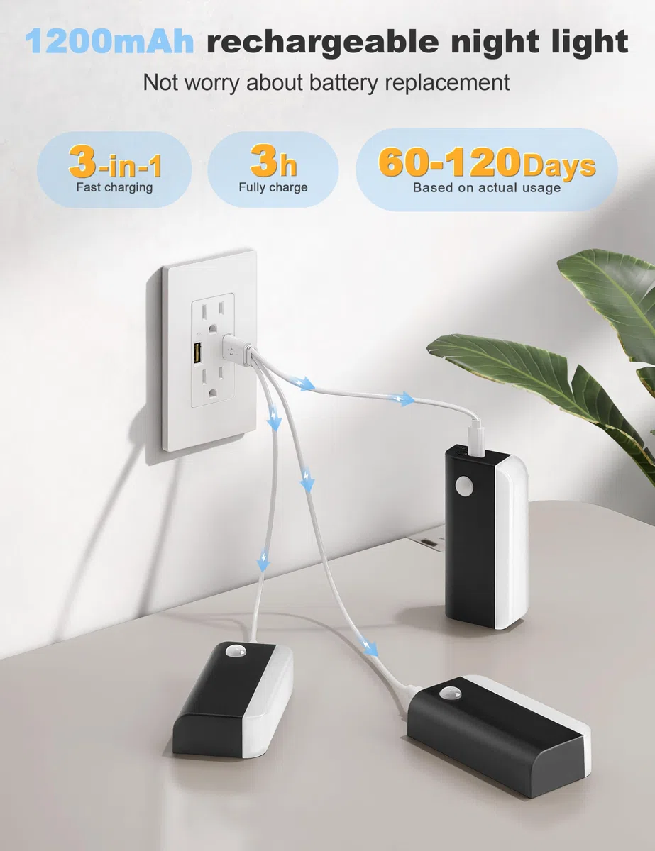 VOLISUN Veilleuse Détecteur de Mouvement, Lot de 3 Lampe Detecteur de Mouvement Interieur avec 2 Mode lumière et 1200mAh Batterie, Lampe Veilleuse pour Escalier, Couloir, Chambre, Armoire (Noir)