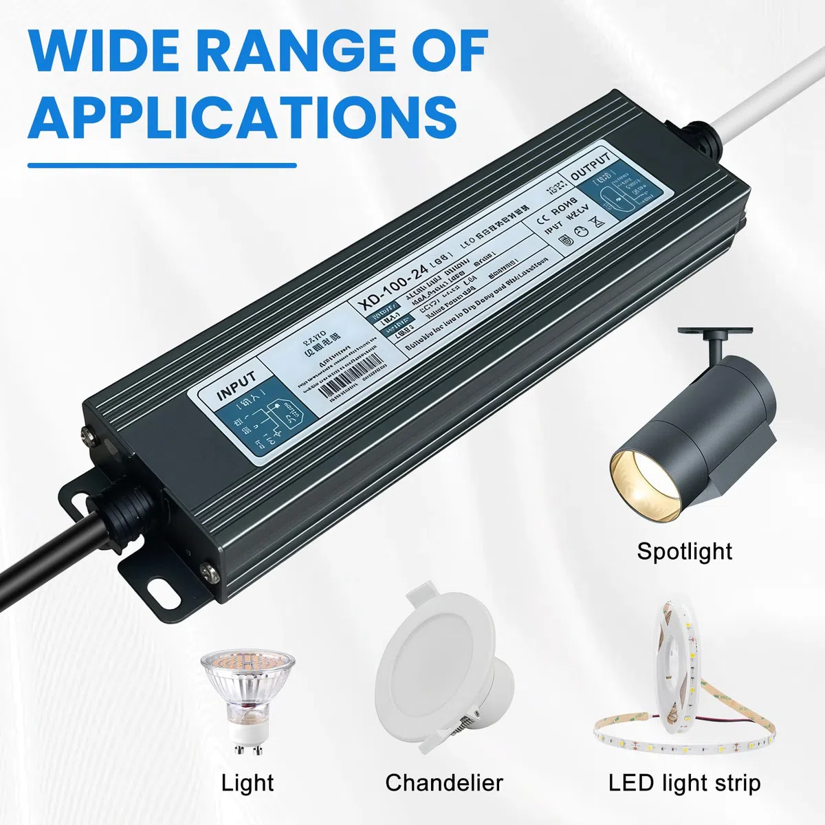 Transformateur LED 24 V 100 W : transformateur étanche pour extérieur avec prise, IP67, alimentation LED 4,2 A, convertisseur AC 230 V vers DC 24 V pour rubans LED, spots et bandes lumineuses.