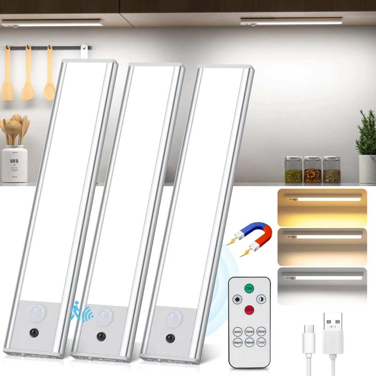 Lampe de Placard [3Piece], Lampe Détecteur de Mouvement Interieur Sans Fil avec Télécommande, Réglette LED Cuisine Luminosité Réglable, Éclairage à LED étude de Cuisine Veilleuse Couloir Escalier