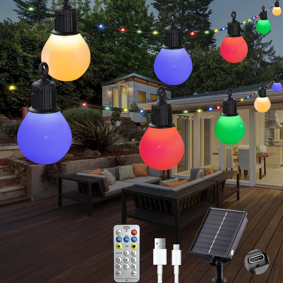 Guirlande Solaire Extérieur avec 20 G40 Ampoules, 10M Decoration Noel Exterieur Solaire avec Télécommande, 8 Modes, Etanche, Décoration pour Jardin, Terrasse, Balcon (Multicolore)