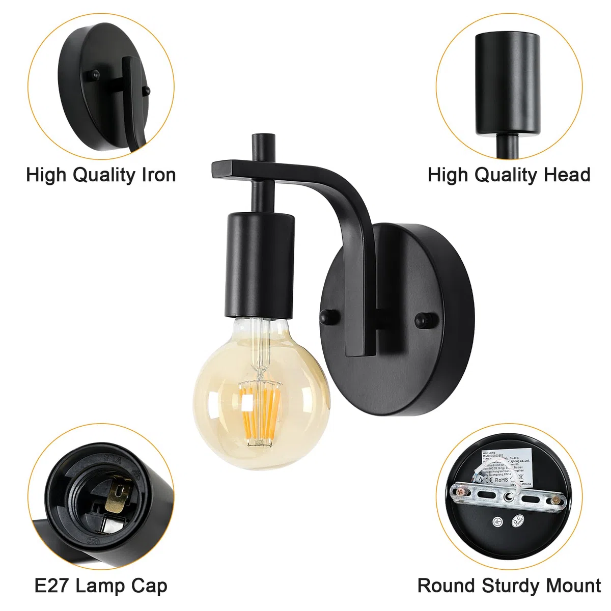 DELIPOP Lot de 2 Applique Murale Industrielle Vintage, E27 Métal Lampe Murale Noir, Luminaire Interieur pour Salon, Chambre, Coucher, Salon, (Ampoule Non Incluse)