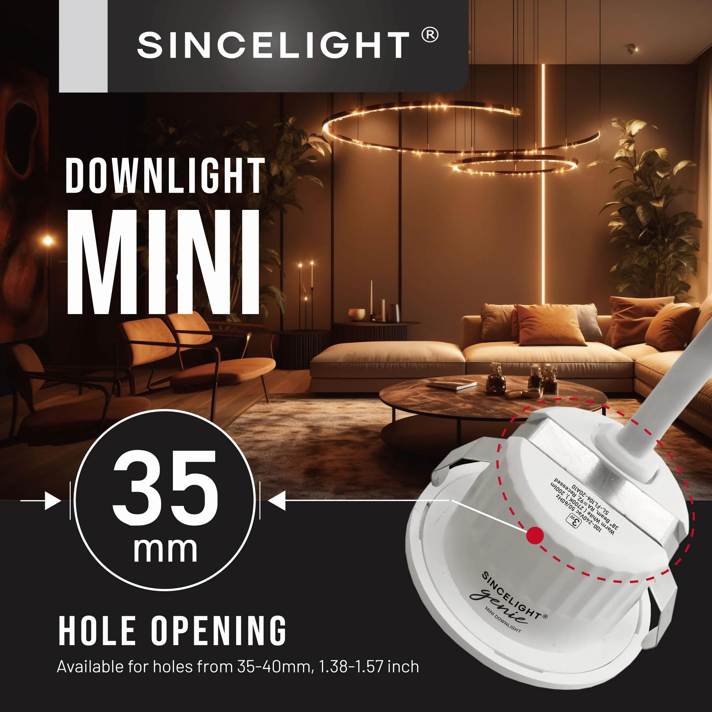 SINCELIGHT Mini Spot encastrable 3W, petit downlight à LED pour trou de 35-40mm, Anneau blanc/noir remplaçable, Blanc Neutre 4000K, Remplaçant MR11, étanche IP65 pour plafond/armoire/vitrine, 5 unités