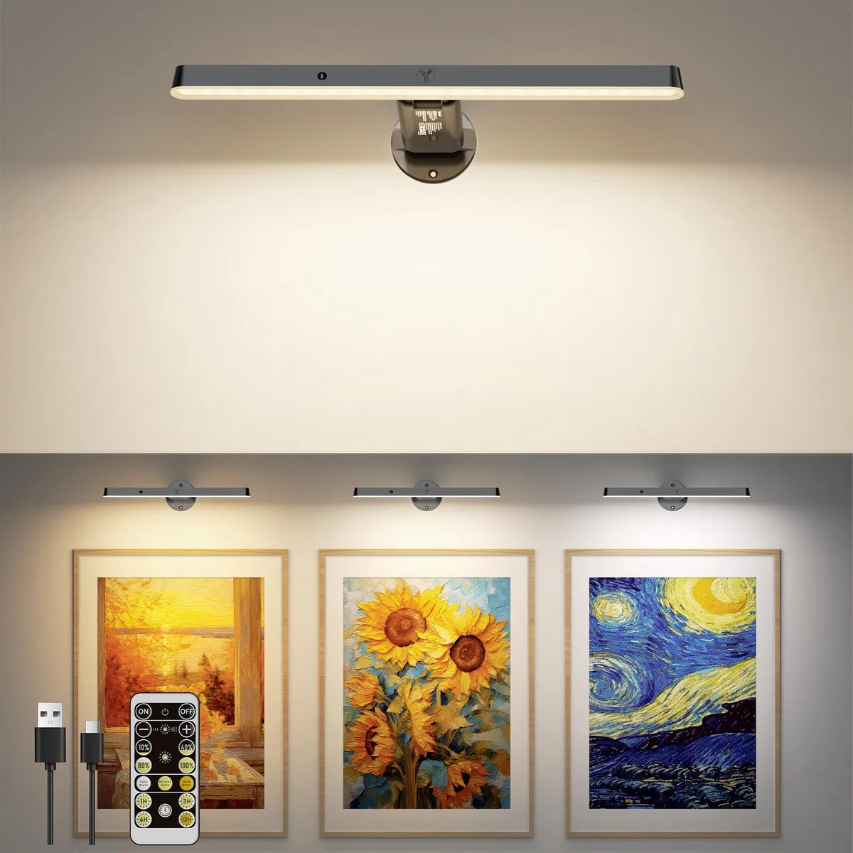 Applique Murale LED Rechargeable Sans Fil avec Télécommande - Lampe Éclairage pour Tableaux, Photos et Galerie d'Art - 3 Températures de Couleur, pour Salle de Bain, Vitrines ou Cible de Fléchettes