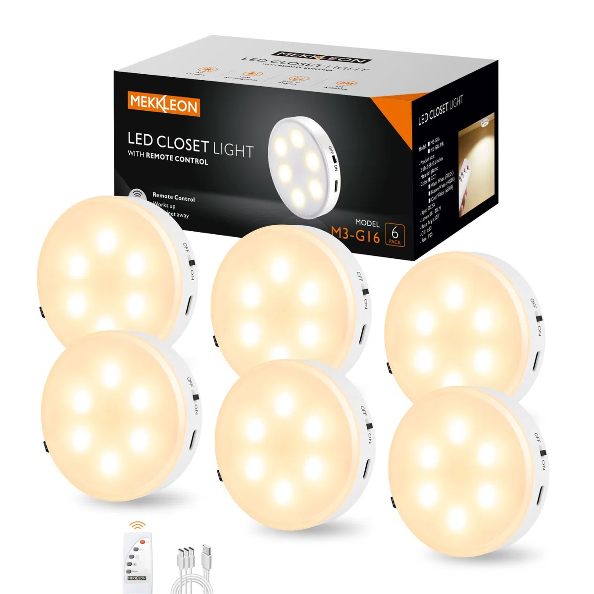 Lot de 3 lampes rondes avec télécommande, 1 000 mAh rechargeables, pour dessous d'armoire, lampes LED de placard, lumières à coller sans fil pour dessous d'armoire,couloir, escalier 6pcs