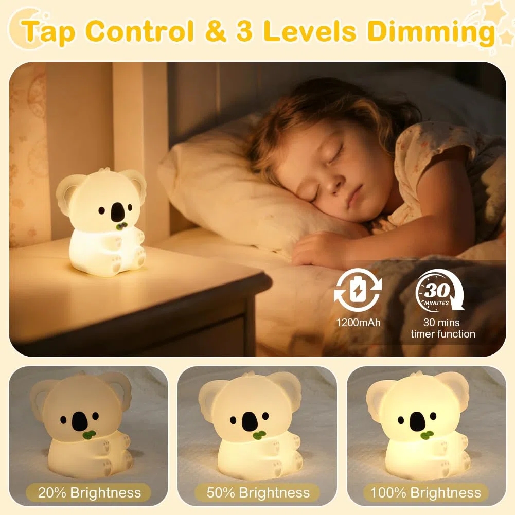 AUAUY Veilleuse Koala, Rechargeable USB Veilleuse Tactile en Silicone, 3 Niveaux Réglables Chaude & 7 Couleurs Minuterie Lampe de Chevet Kawaii, pour Salon, Déco de Table, Cadeau
