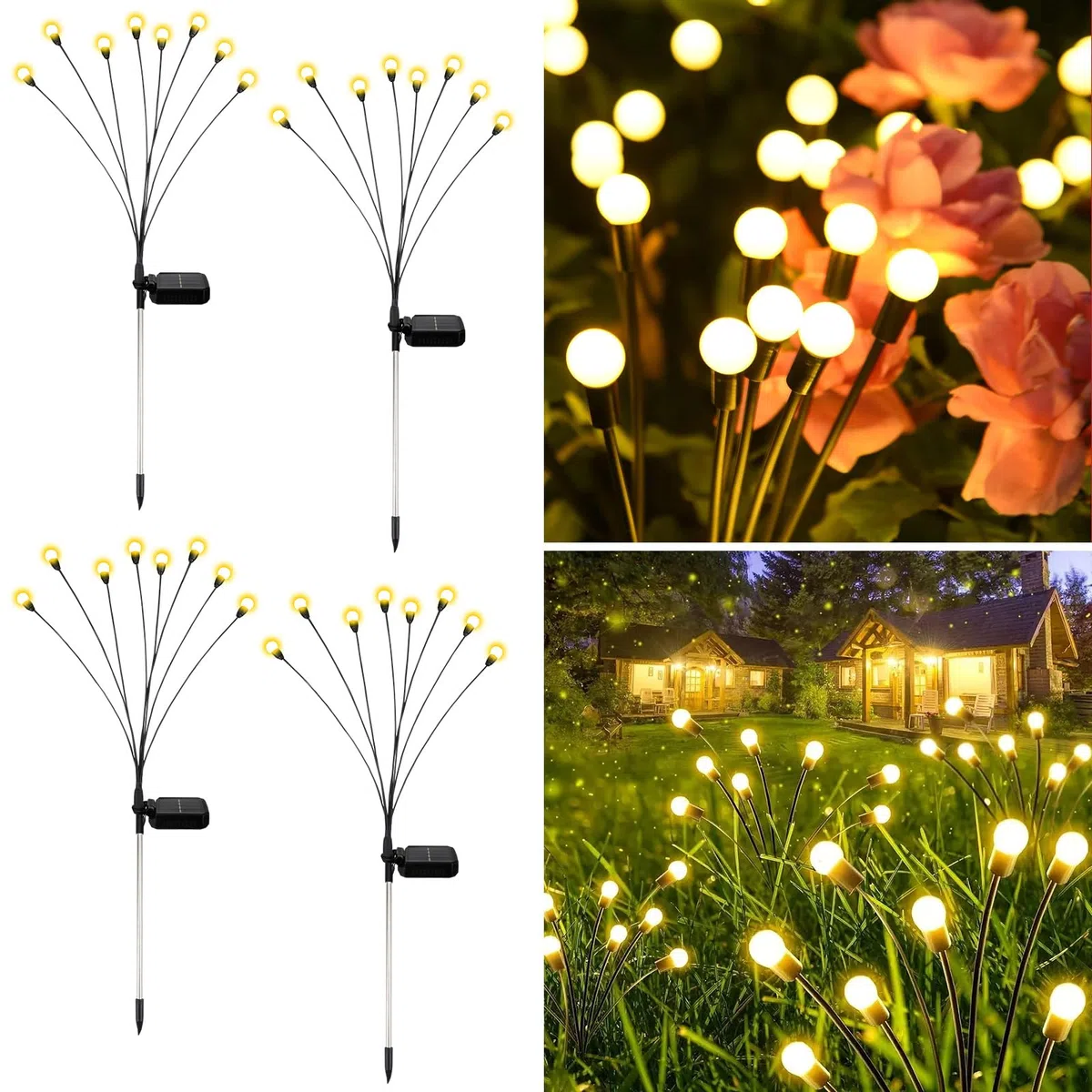Lampe Solaire Exterieur Jardin, 4 Pièces 8LED Lumiere Solaire Exterieur Conception Améliorée, Hauteur Réglable, Plusieurs Modes Disponibles IP65 Étanche, pour Patios Terrasses Jardin Pelouse Terrasse