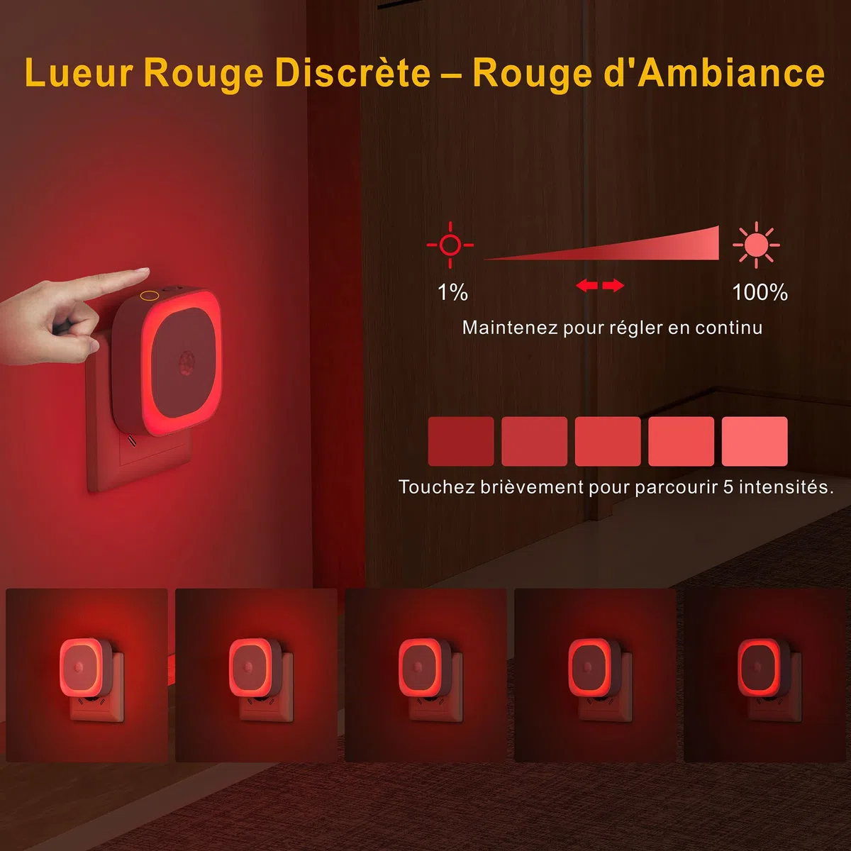 YUNLEX 2 Pcs Veilleuse Prise Électrique avec Détecteur de Mouvement, 3 modes de capteur, Luminosité réglable, pour les enfants, salle de bains, chambre à coucher, couloir, cuisine, Rouge