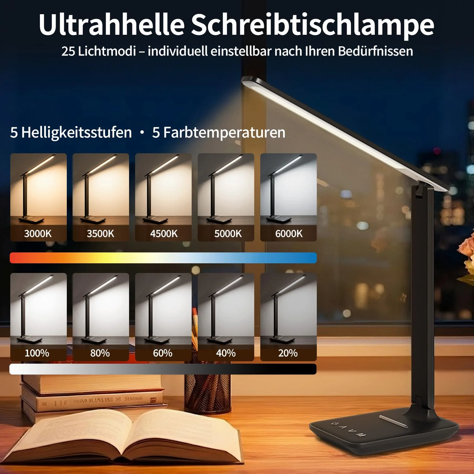 Lampe De Bureau LED, Lampe De Chevet Réglable Avec Lumière Confort Des Yeux Et Port De Charge USB-A, 5 Modes D’Éclairage Et 5 Niveaux De Luminosité, Lampe De Lecture Pliable Pour Chambre