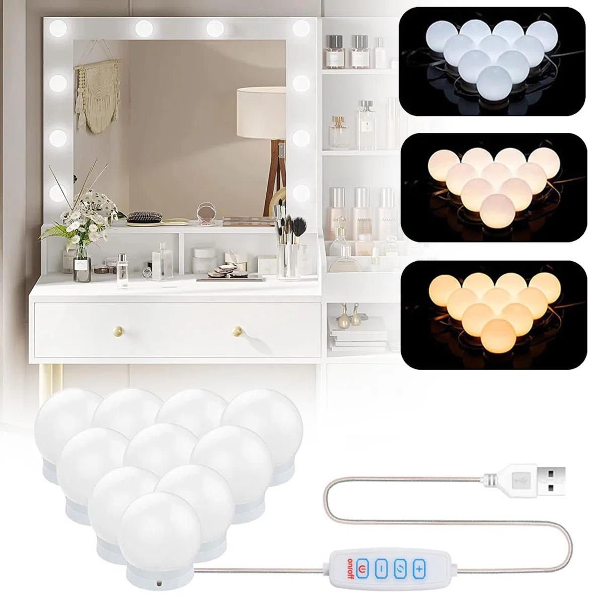 Led Miroir Coiffeuse Ampoules, Hollywood Lumiere Coiffeuse, 14 Ampoules Lampe Coiffeuse, Kit de Lumières de Miroir Hollywood, Dimmable, USB, Hollywood LED Ampoules avec 3 Couleurs